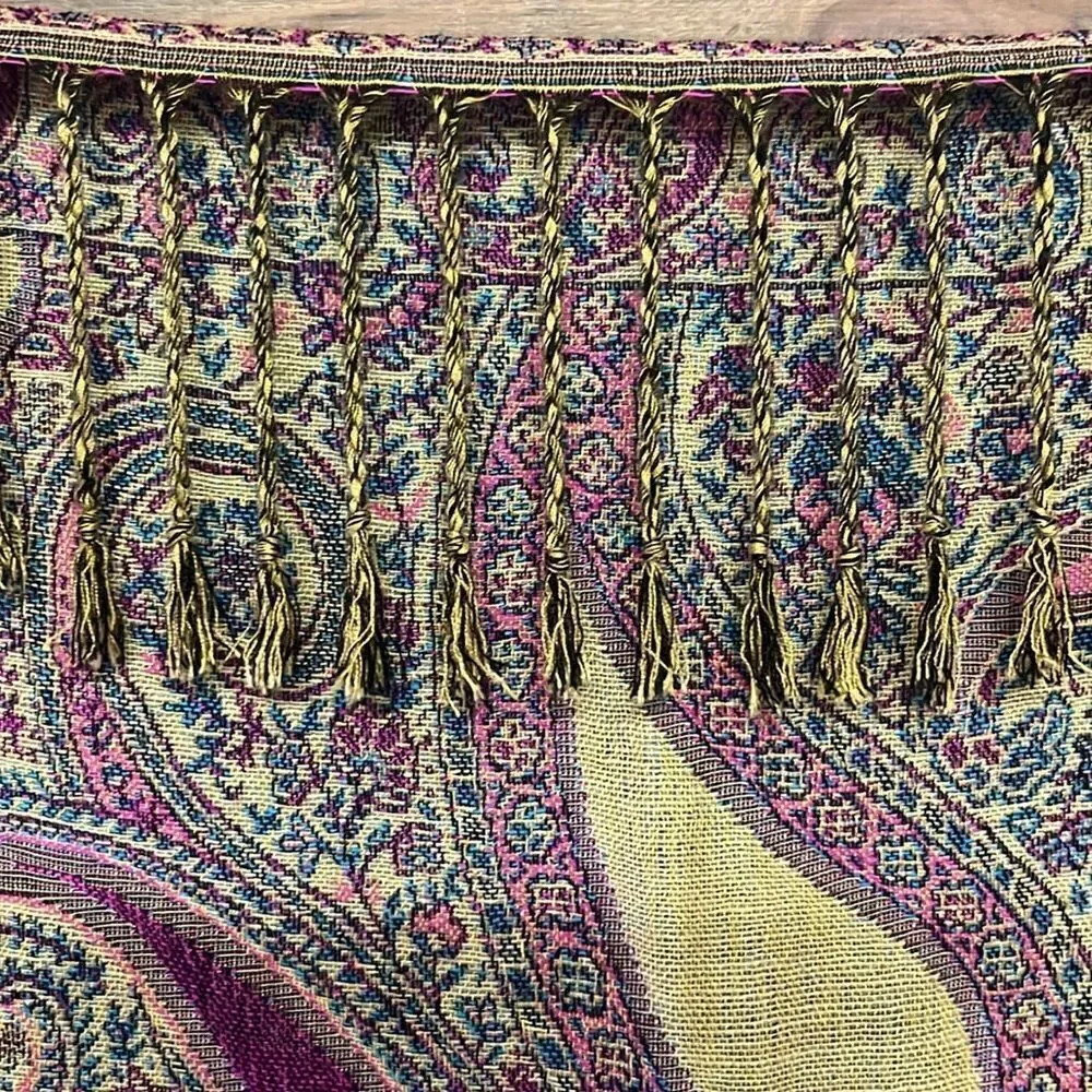 Beautiful Purple Blue Green Tan Paisley Pattern Pashmina Wrap Scarf w/ Tassel-OS